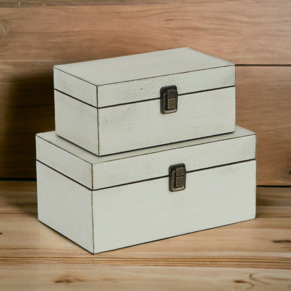 Set of Two Off White Nesting Solid Wood Organizing Box With Lid HomeRoots