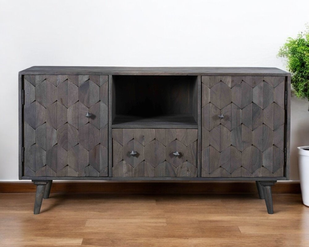 55" Dark Gray Carved Geometric Distressed Solid Wood Enclosed and Open Storage TV Stand HomeRoots