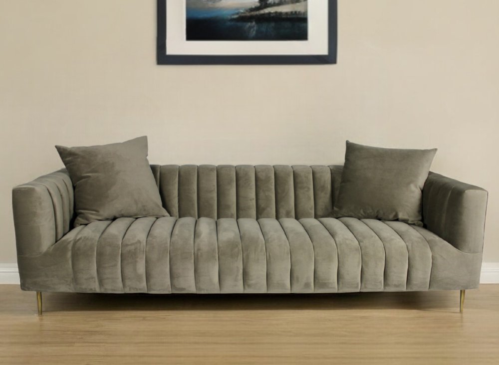 90" Gray Brown Velvet Sofa And Toss Pillows With Gold Legs HomeRoots