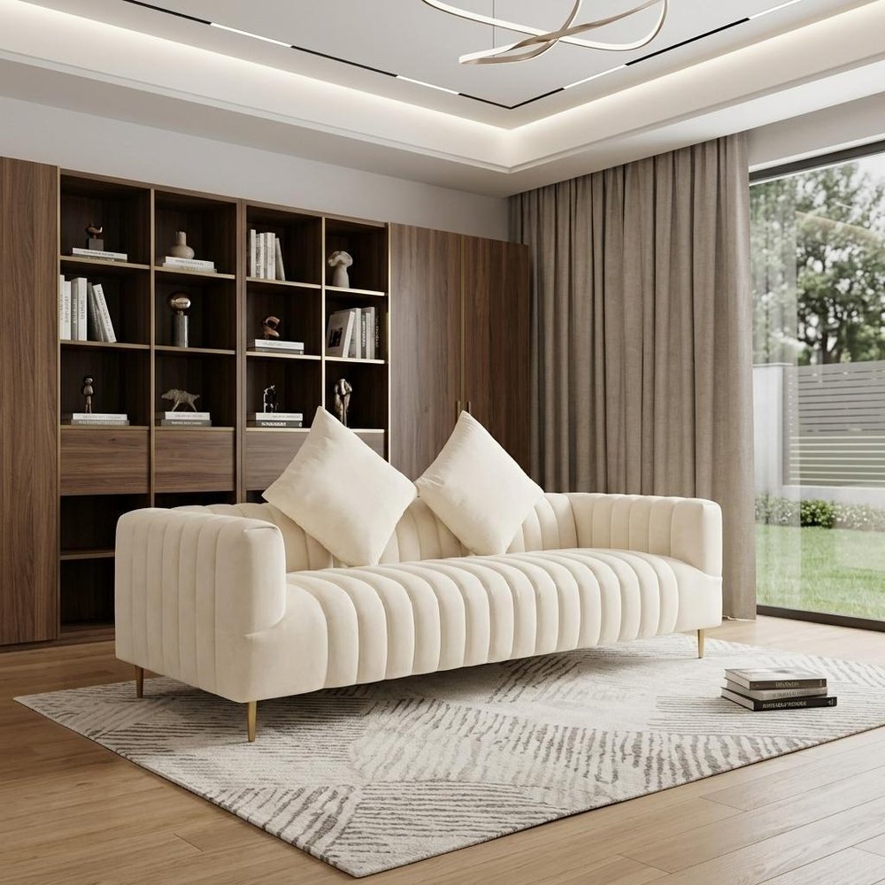 90" Ivory Velvet Sofa And Toss Pillows With Gold Legs HomeRoots