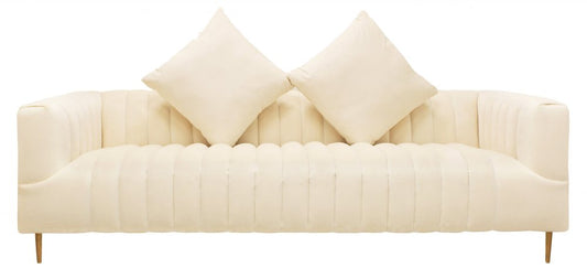 90" Ivory Velvet Sofa And Toss Pillows With Gold Legs HomeRoots