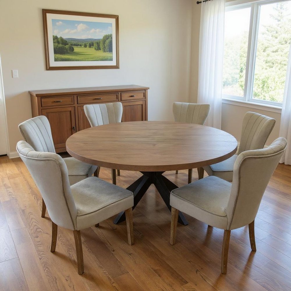Seven Piece Gray and Black Round Solid Wood Dining Set with Six Chairs HomeRoots