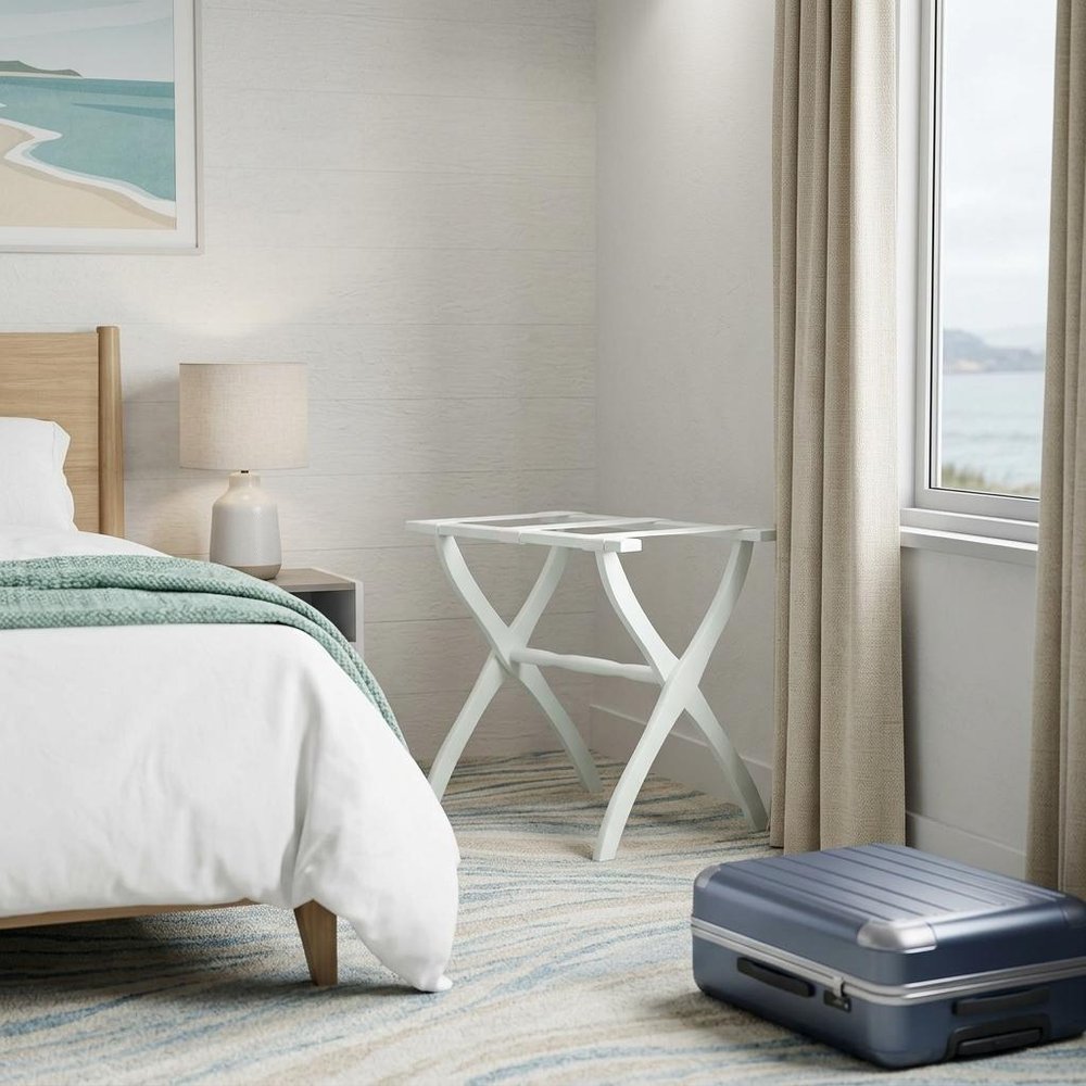 White Folding Luggage Rack With White Straps HomeRoots