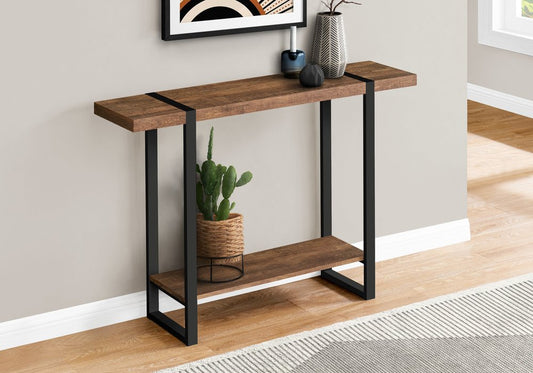 47" Brown and Black Wood and Metal Distressed Sled Console Table With Shelf HomeRoots
