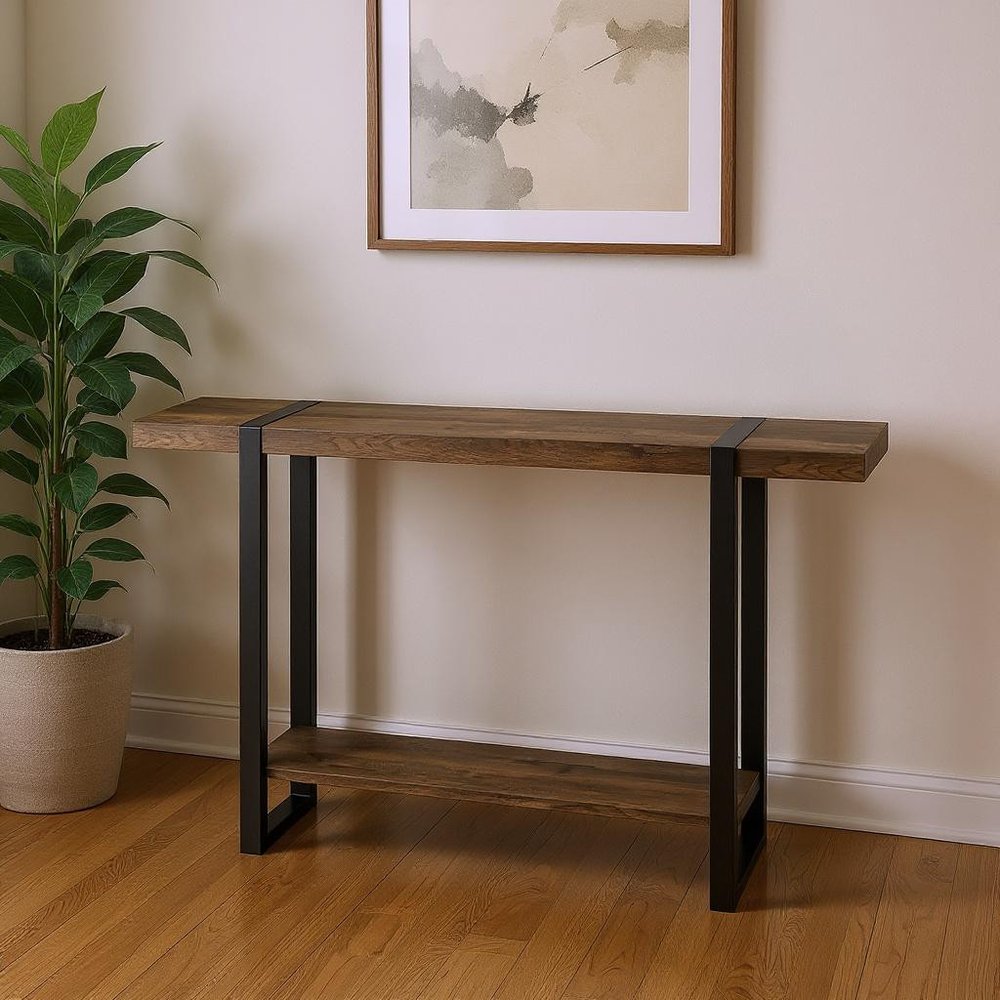 47" Brown and Black Wood and Metal Distressed Sled Console Table With Shelf HomeRoots
