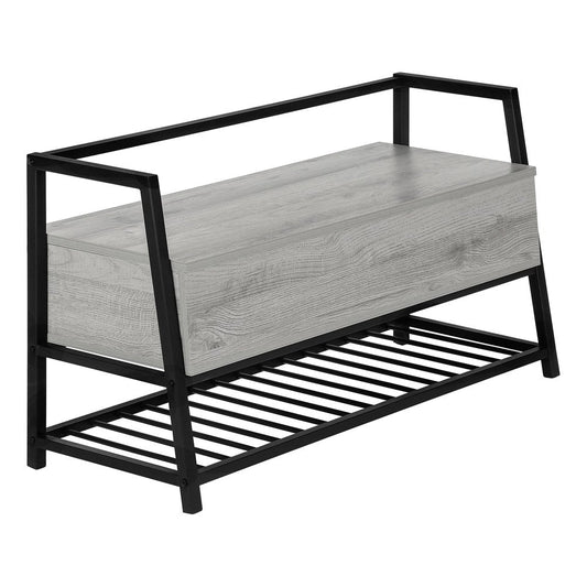 42" Gray And Black Steel and Wood Storage Entryway Stool With Flip Top