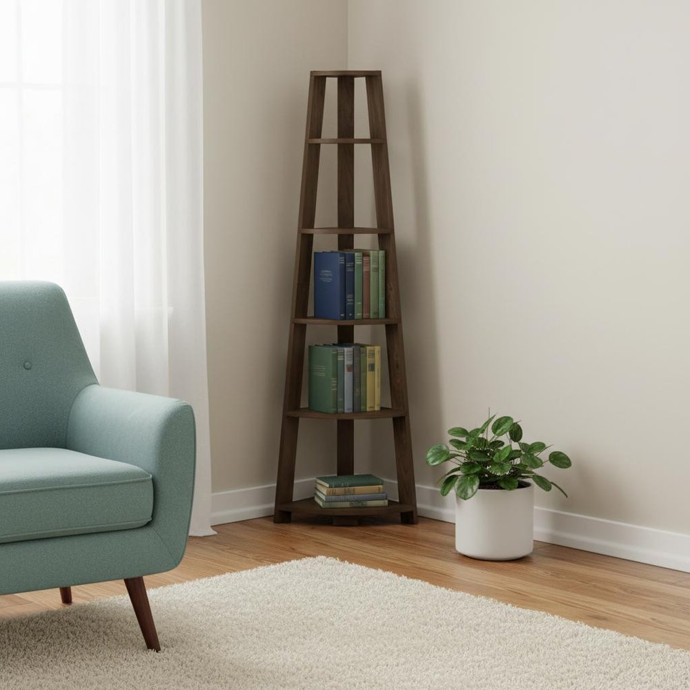 71" Dark Brown Wood Five Tier Corner Bookcase HomeRoots