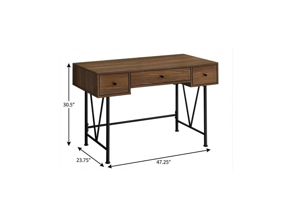 47" Walnut And Black Wood And Iron Sled Computer Desk With And Three Drawers