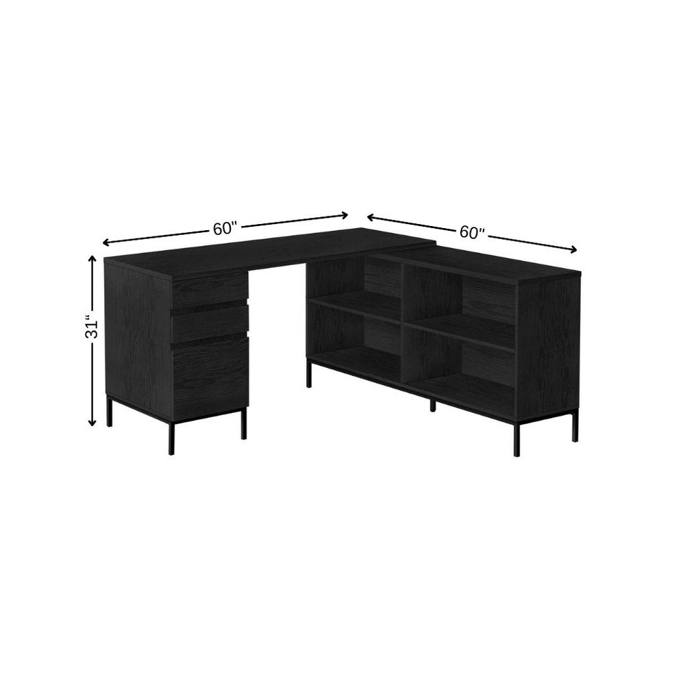 60" Black L Shape Computer Desk With Three Drawers HomeRoots