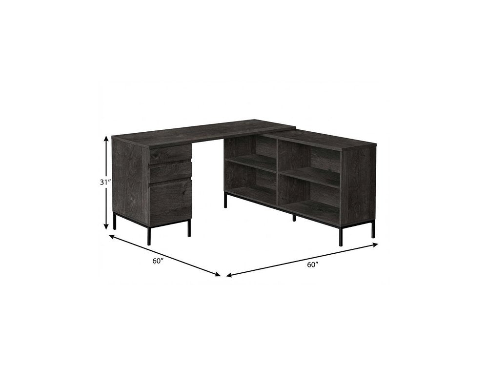 60" Gray and Black L Shape Computer Desk With Three Drawers HomeRoots