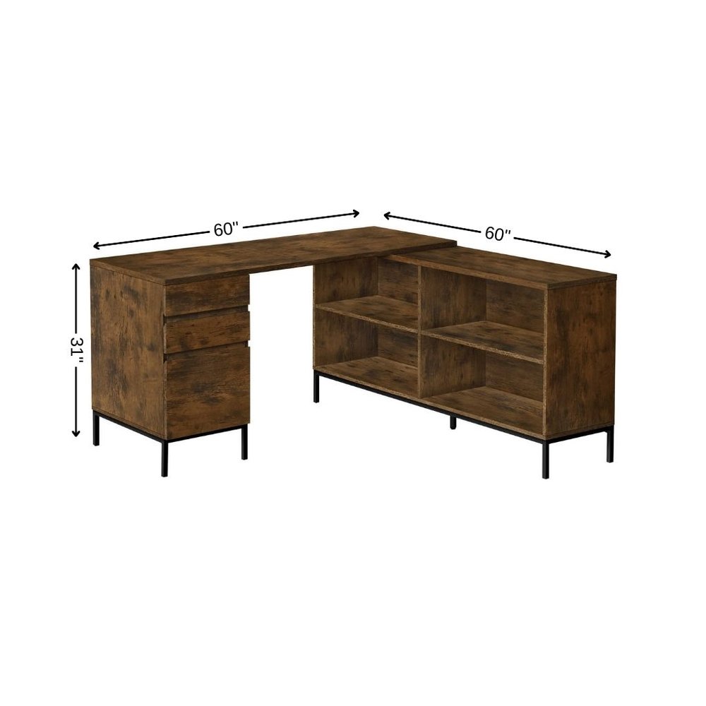 60" Brown and Black L Shape Computer Desk With Three Drawers HomeRoots