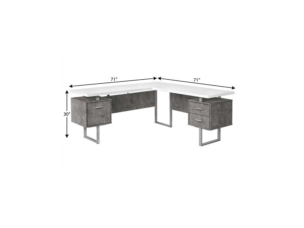 71" White and Gray L Shape Computer Desk With Three Drawers HomeRoots