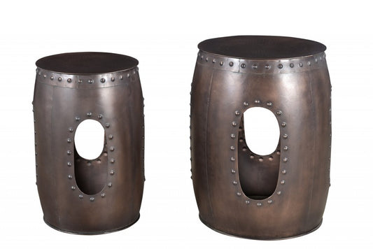 Set of Two Copper Iron Round Drum End Tables
