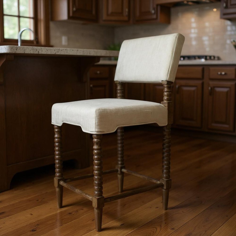 26" Off White And Brown Fabric And Linen And Wood Counter Height Bar Chair HomeRoots