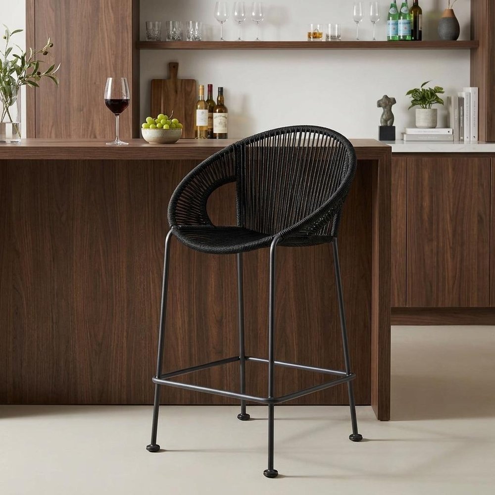 40" Black Metal Low back Outdoor Counter Height Bar chair with Footrest HomeRoots