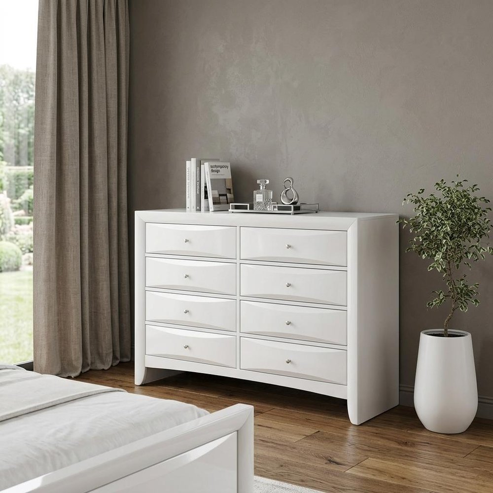 59" White Solid and Manufactured Wood Eight Drawer Double Dresser HomeRoots