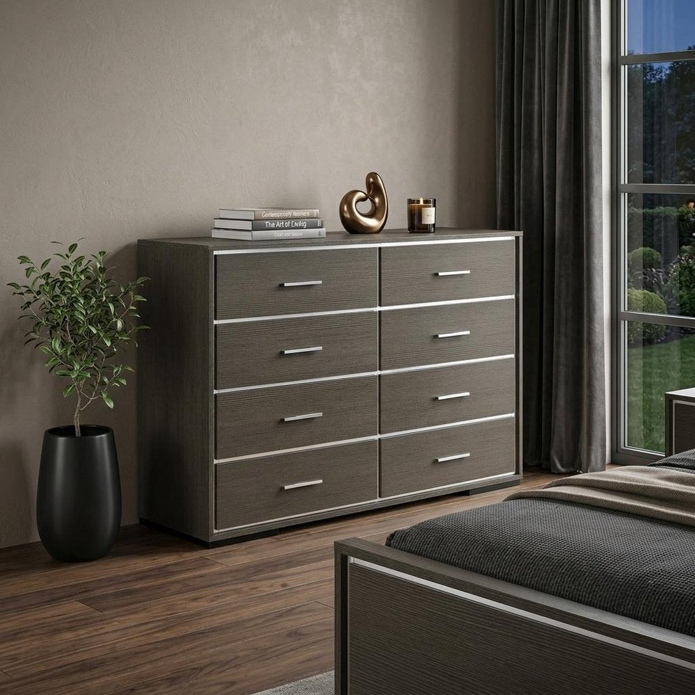 57" Gray Solid and Manufactured Wood Eight Drawer Double Dresser HomeRoots