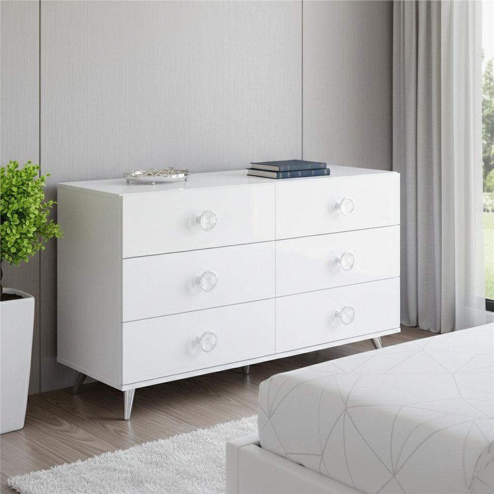 47" White Finish Manufactured Wood Six Drawer Double Dresser HomeRoots