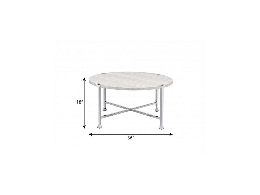 36" White and Silver Metal Round Cross Legs Coffee Table HomeRoots