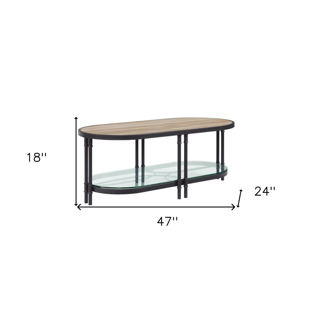 47" Natural Metal Oval Sled Coffee Table With Shelf HomeRoots