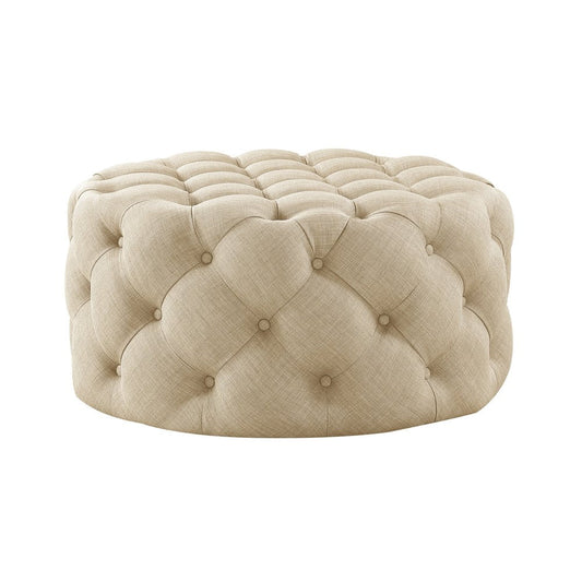 33" Beige Linen Rolling Tufted Round Cocktail Ottoman HomeRoots