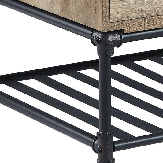 47" Oak and Brown Metal Coffee Table With Two Drawers And Shelf HomeRoots