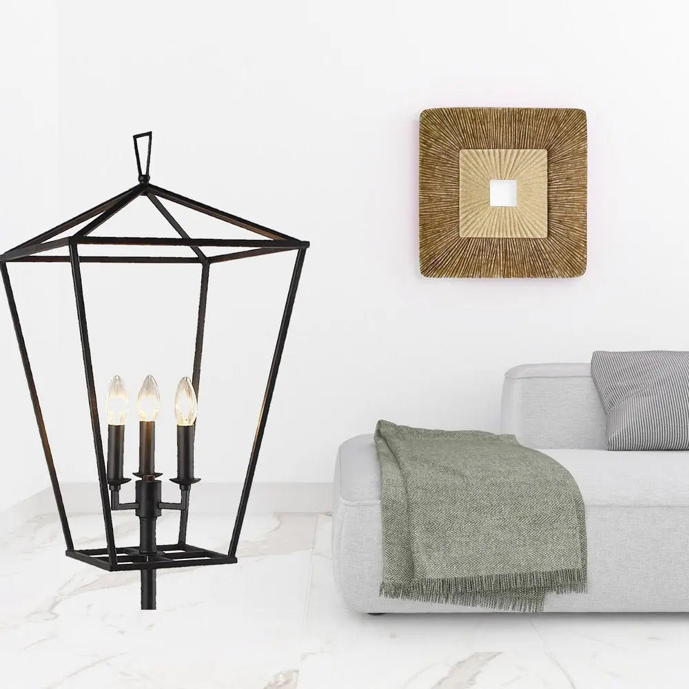 64" Black Three Light Floor Lamp With Black Geometric Shade HomeRoots