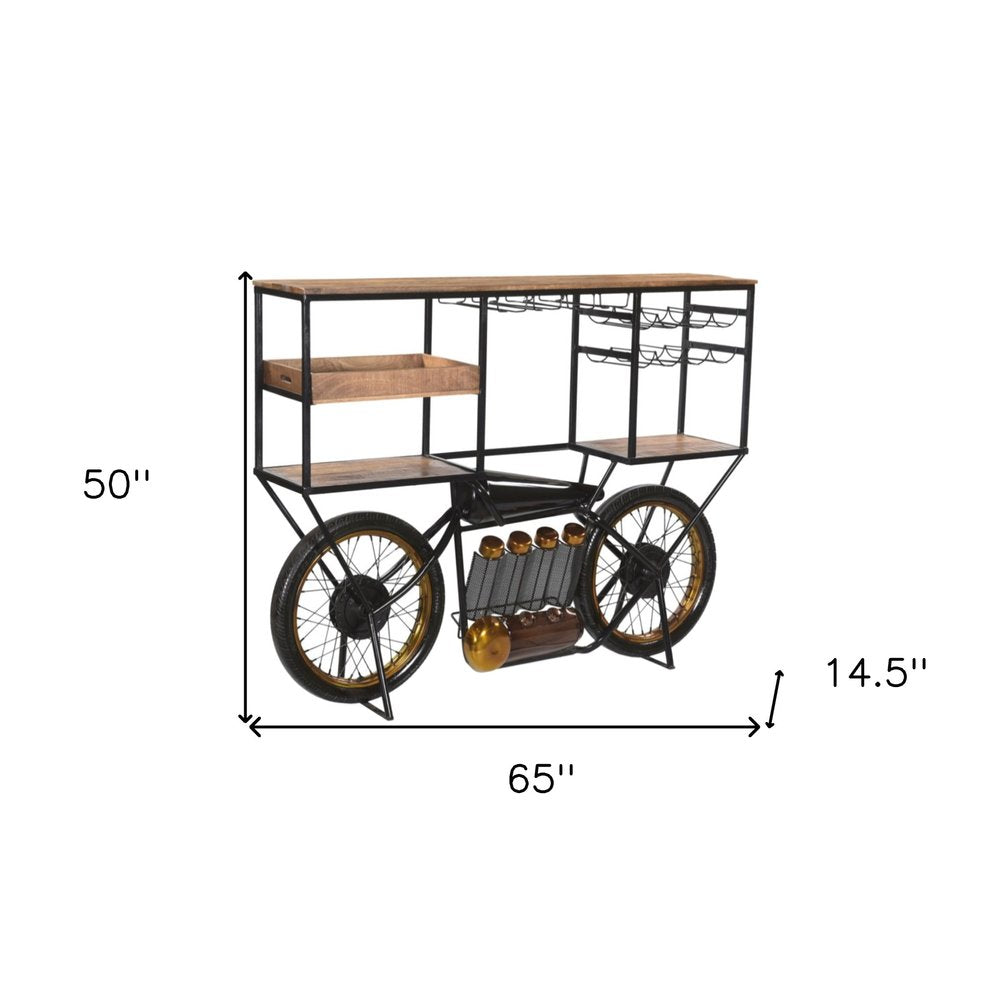 Brown and Black Metal And Solid Wood Bar Cart With Wine Storage HomeRoots