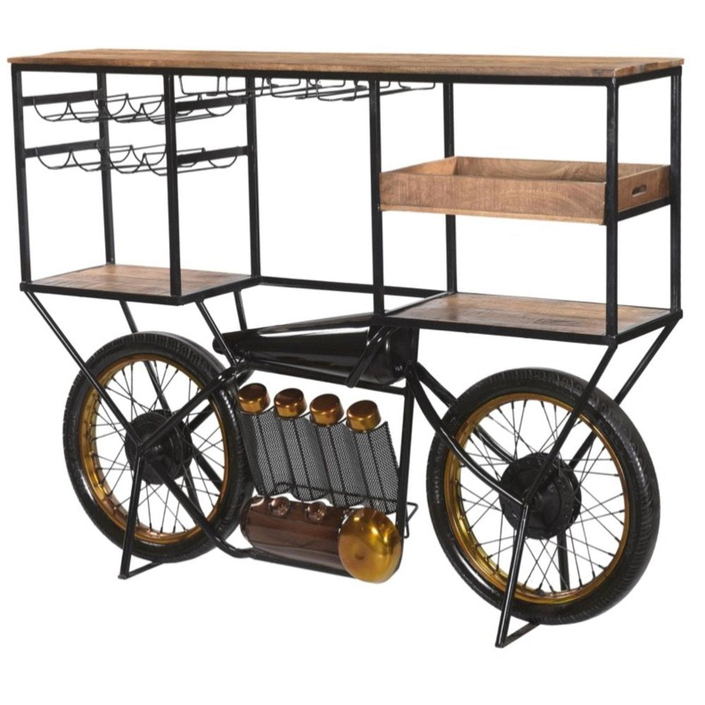 Brown and Black Metal And Solid Wood Bar Cart With Wine Storage HomeRoots