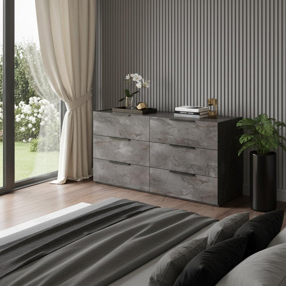 61" Grey Faux Marble Solid Manufactured Wood Six Drawer Double Dresser HomeRoots