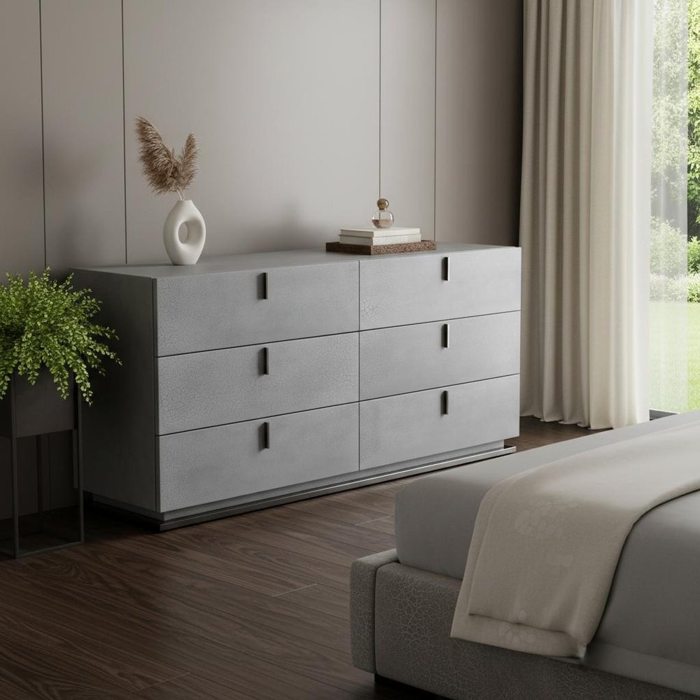 59" Gunmetal Grey Crackle Finish Six Drawer Double Dresser HomeRoots