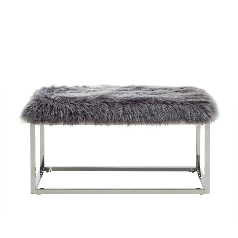 40" Gray And Silver Upholstered Faux Fur Bench HomeRoots
