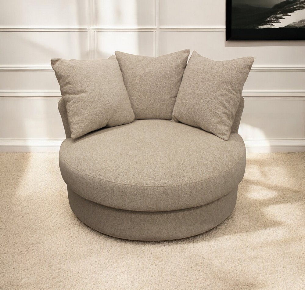 44" Sand Linen Upholstered Swivel Round Accent Chair And Toss Pillows HomeRoots