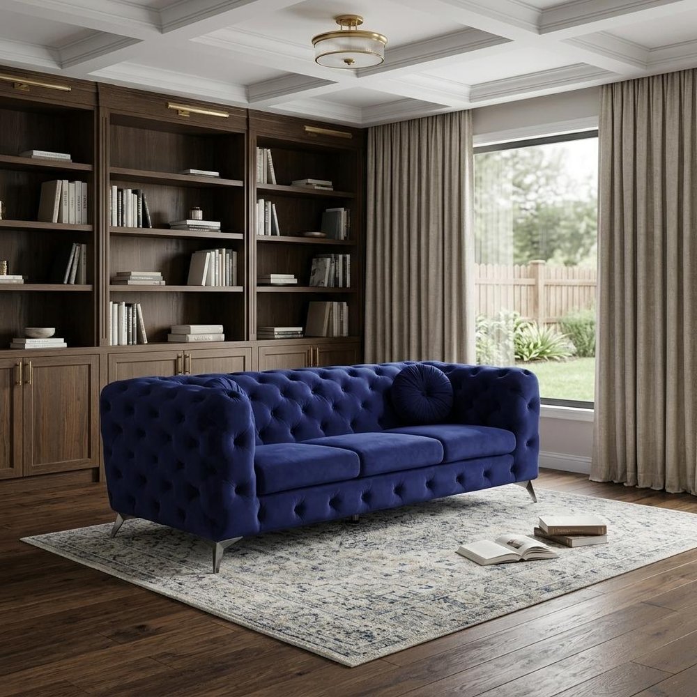 90" Blue Velvet Chesterfield Sofa With Silver Legs HomeRoots