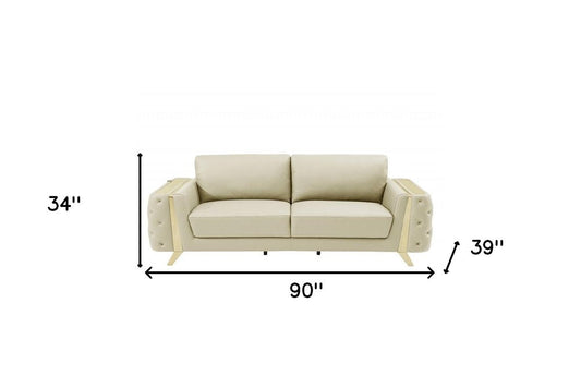 90" Beige Italian Leather Sofa With Gold Legs HomeRoots