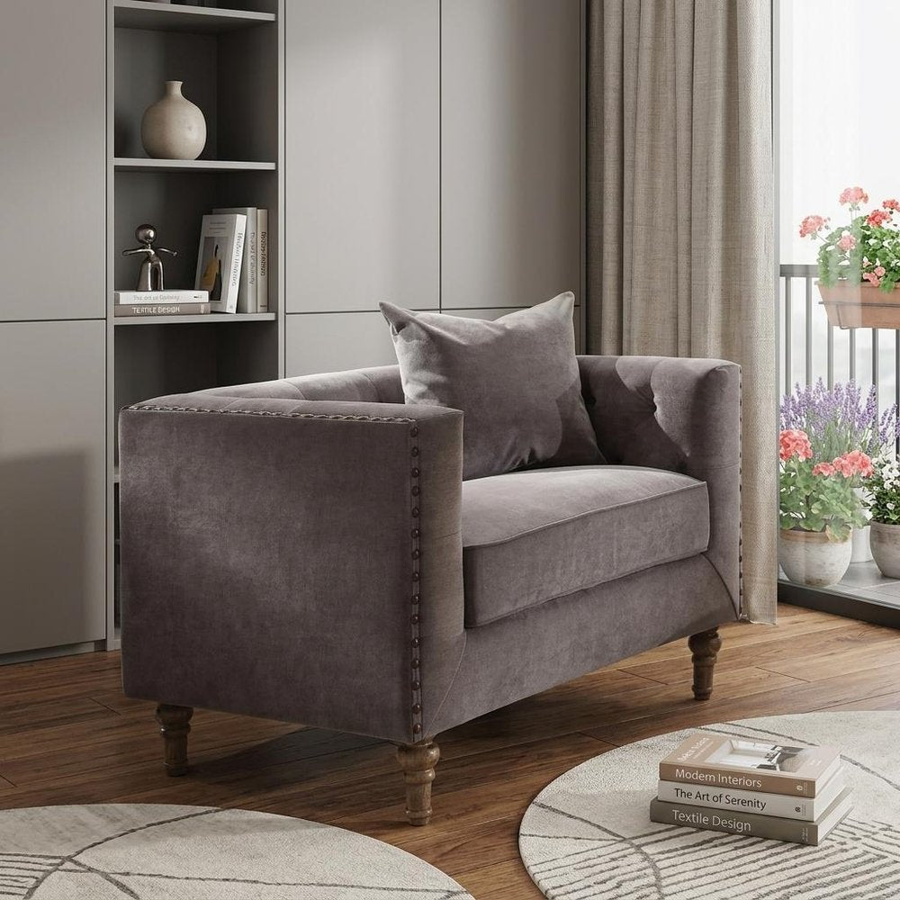 41" Gray and Antiqued Brass Velvet Tufted Arm Chair And Toss Pillow HomeRoots