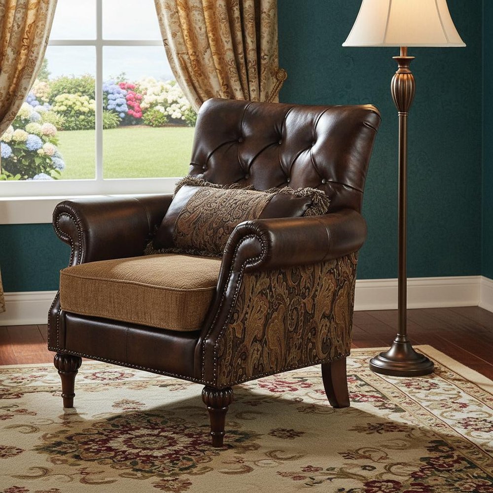 38" Brown and Black Faux Leather Floral Tufted Arm Chair And Toss Pillow HomeRoots
