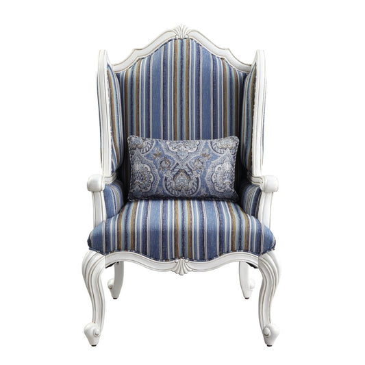 31" Blue and White Fabric Striped Wingback Chair And Toss Pillow