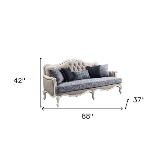 88" Cream Linen Damask Sofa And Toss Pillows With White Legs HomeRoots