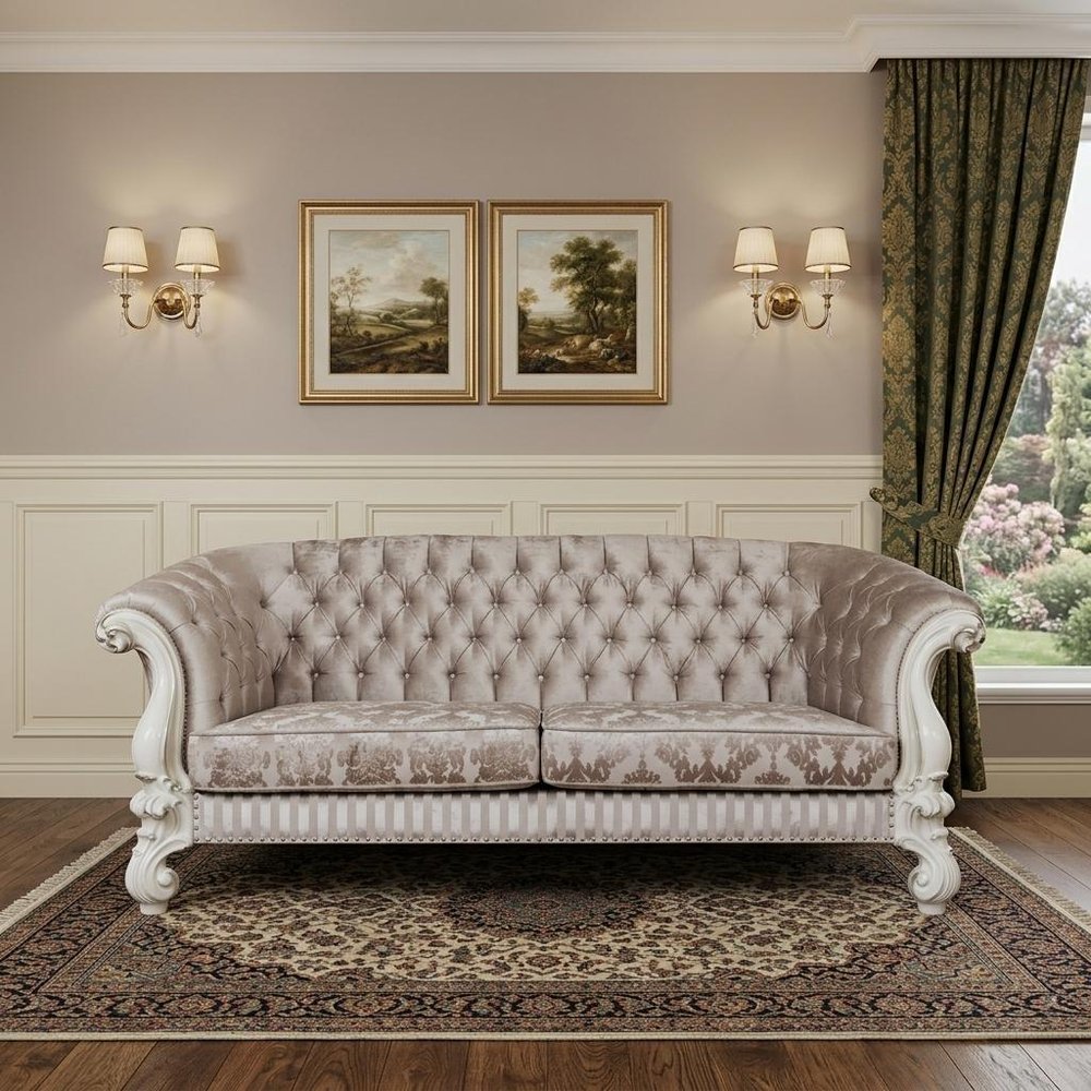 99" Ivory Velvet Damask Sofa And Toss Pillows With Bone Legs HomeRoots