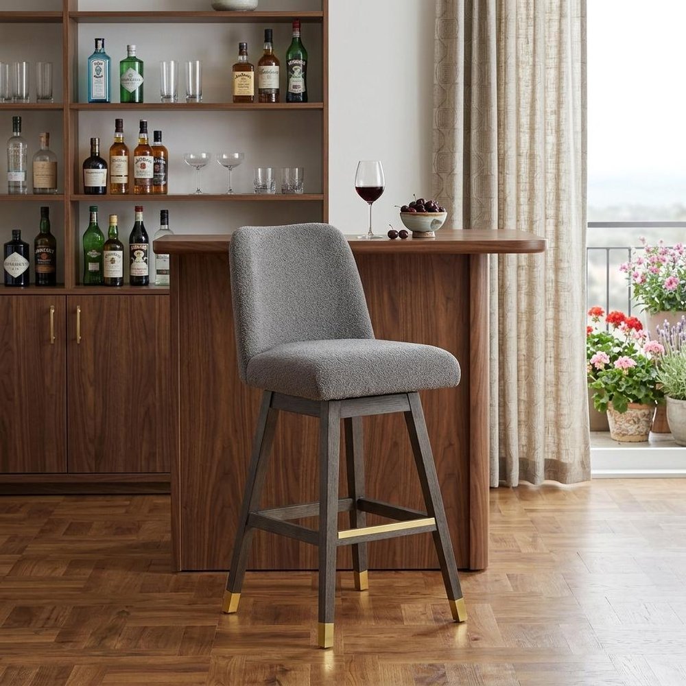 30" Gray Solid Wood Bar Height Swivel Bar Chair HomeRoots