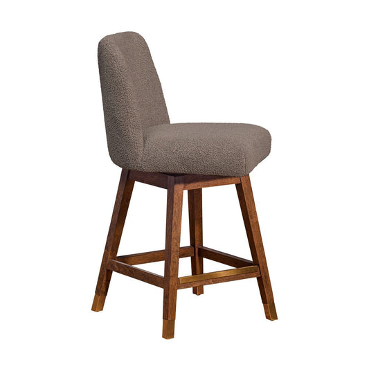 26" Taupe And Brown Fabric And Solid Wood Counter Height Swivel Bar Chair HomeRoots