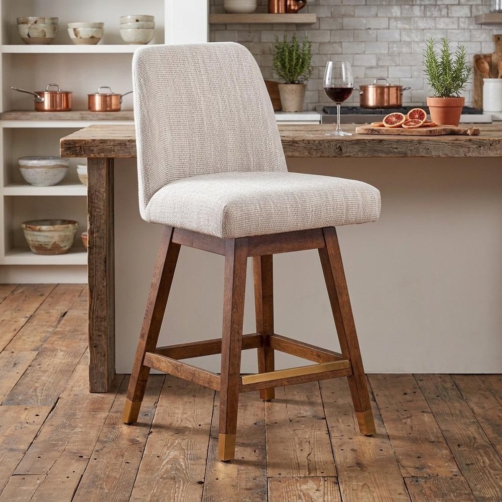 26" Beige And Brown Solid Wood Counter Height Swivel Bar Chair HomeRoots