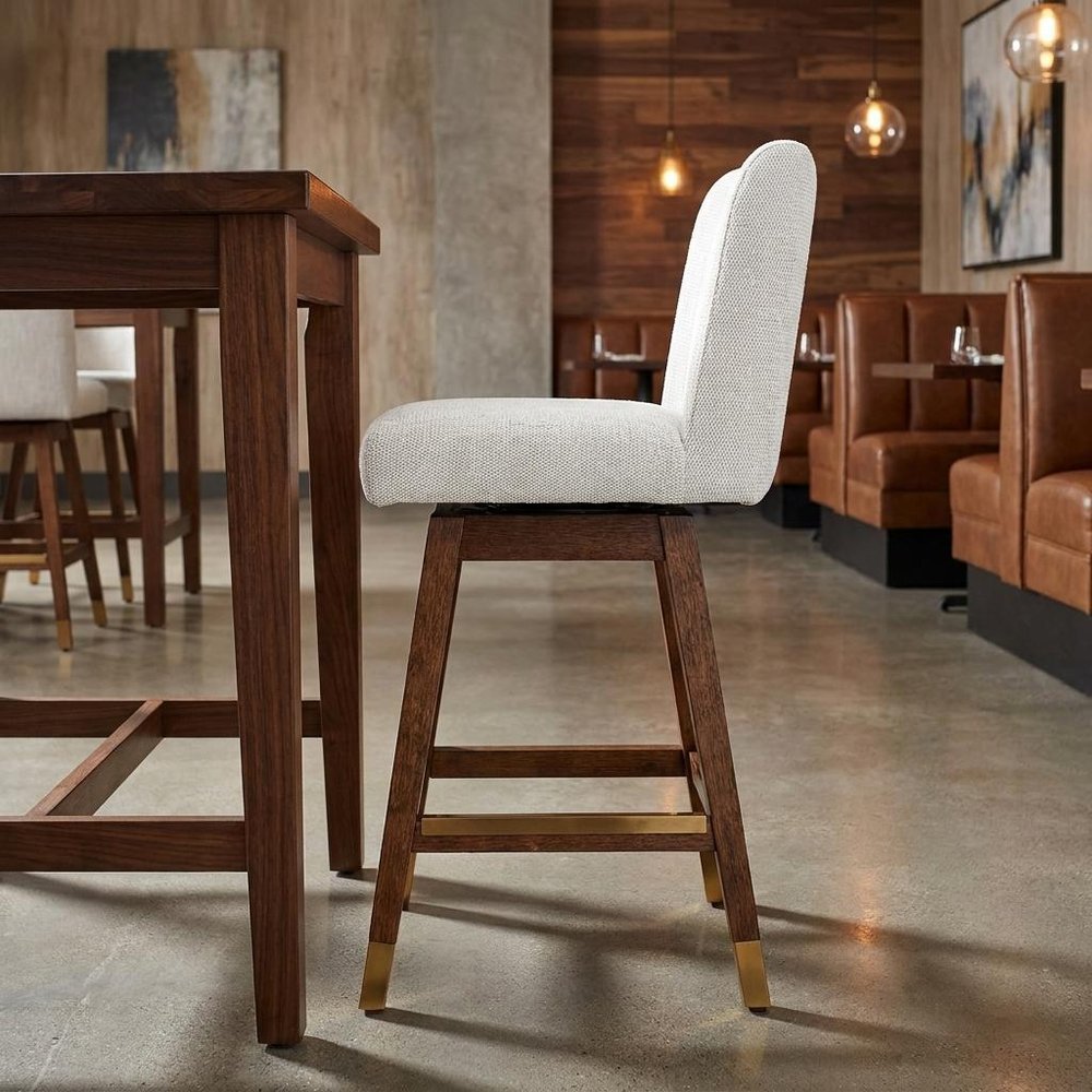 26" Beige And Brown Solid Wood Counter Height Swivel Bar Chair HomeRoots
