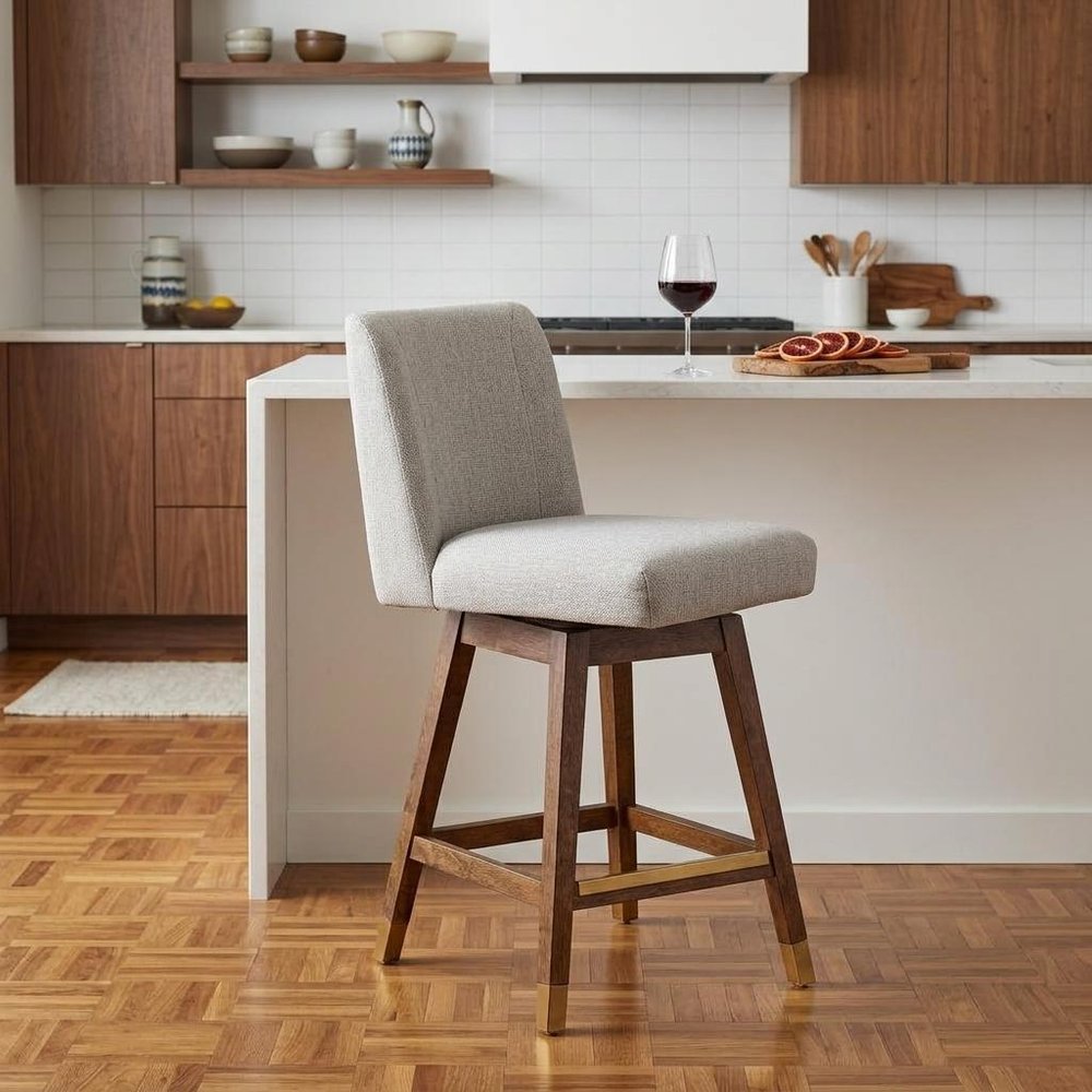 26" Taupe And Brown Fabric And Solid Wood Counter Height Swivel Bar Chair HomeRoots
