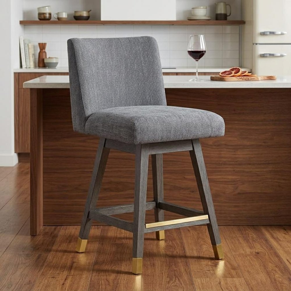 26" Gray And Brown Fabric And Solid Wood Counter Height Swivel Bar Chair HomeRoots