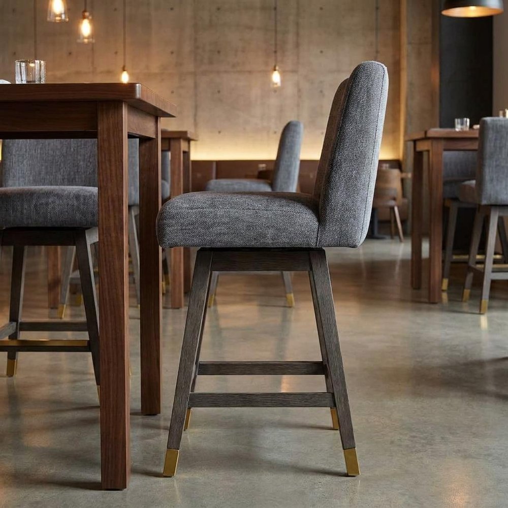 26" Gray And Brown Fabric And Solid Wood Counter Height Swivel Bar Chair HomeRoots