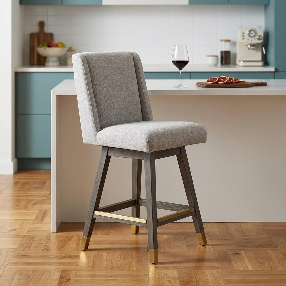 26" Brown And Gray Fabric And Solid Wood Counter Height Swivel Bar Chair HomeRoots