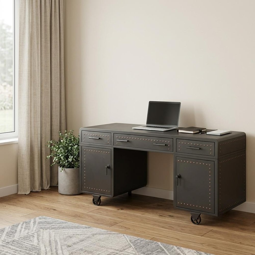 63" Gray Metal Executive Desk With Two Cabinets Three Drawers HomeRoots