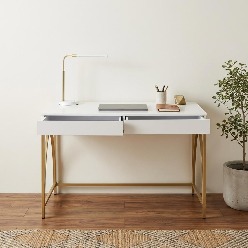 50" White and Gold Writing Desk With Two Drawers HomeRoots